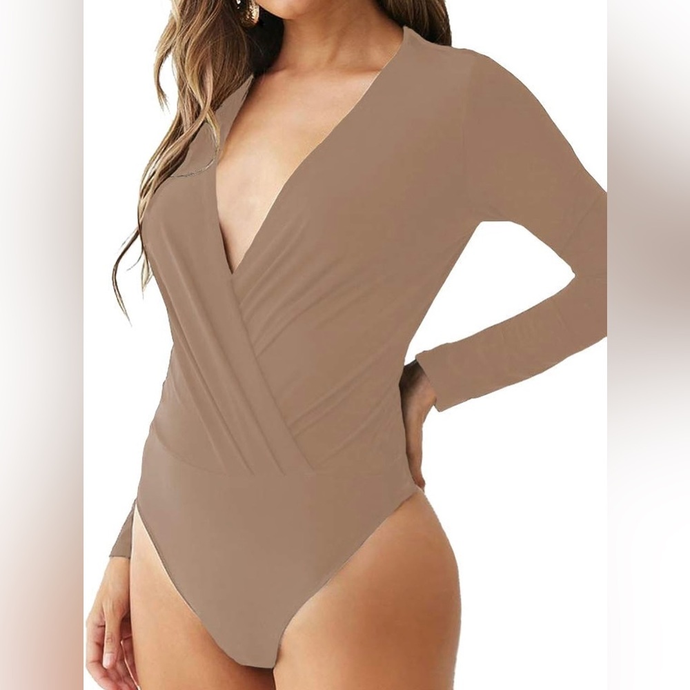 LINMON Mocha Long Sleeve Bodysuit Surplice Ruched Plunge V Neck Stretchy…